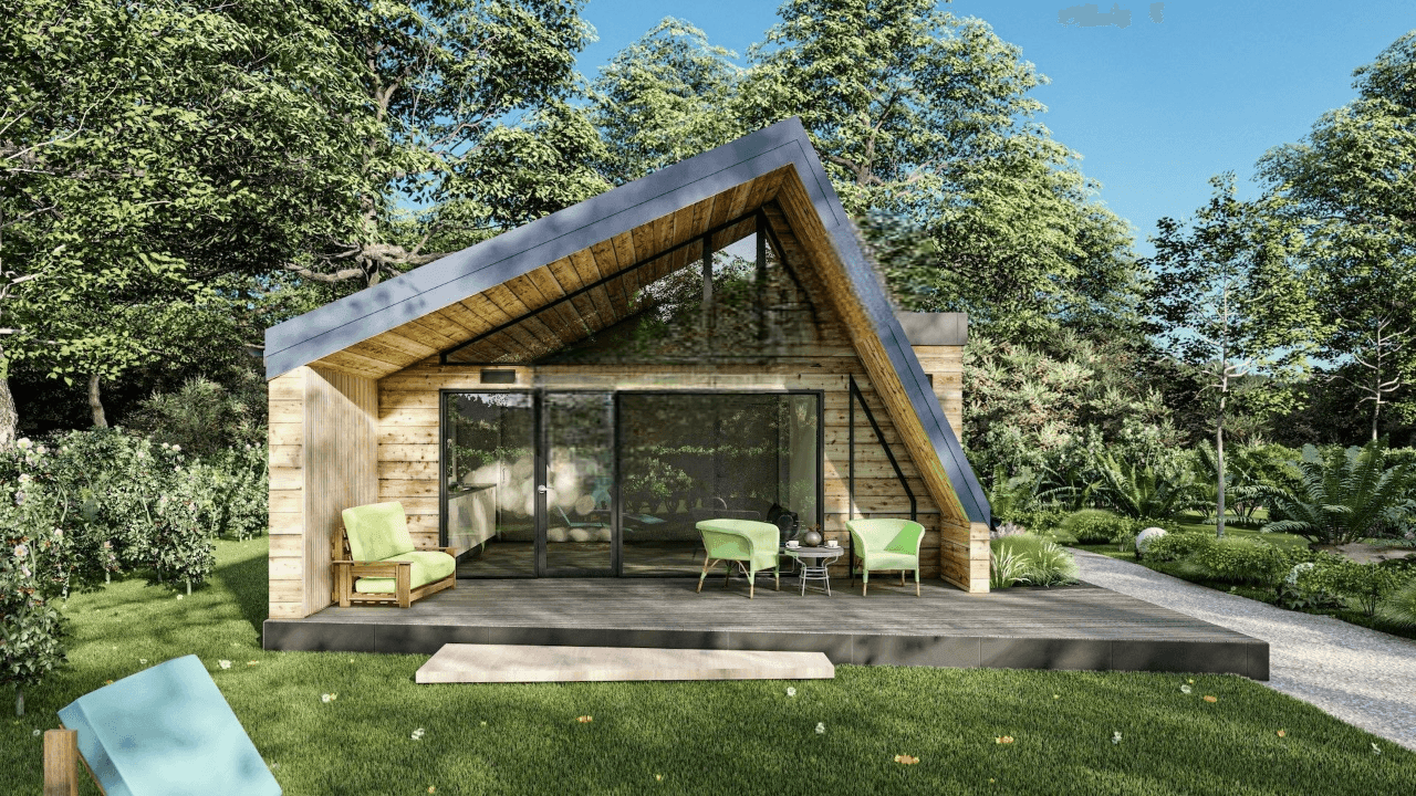 Modern wooden cabin with large glass doors, surrounded by lush greenery and a winding path.