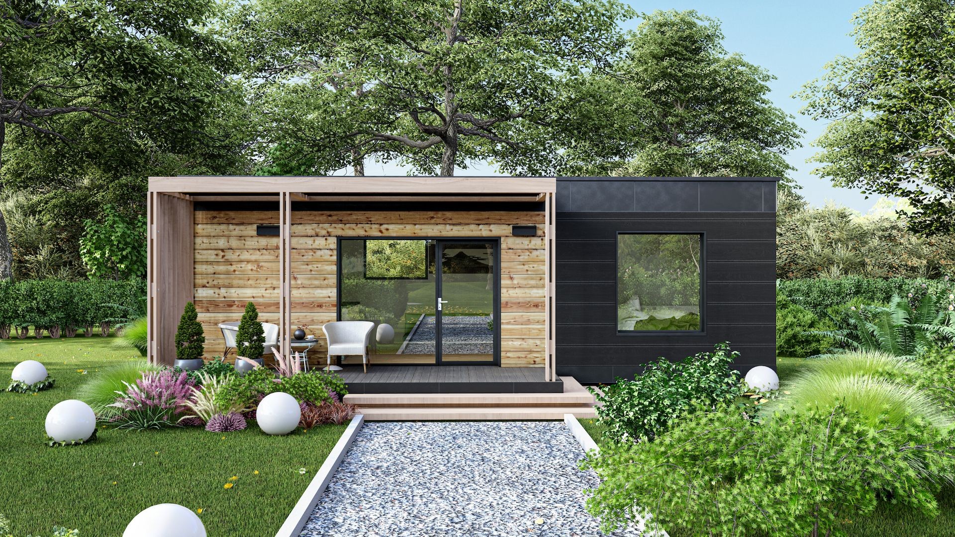 Modern wooden tiny house with a glass door, surrounded by lush greenery and a landscaped garden path.