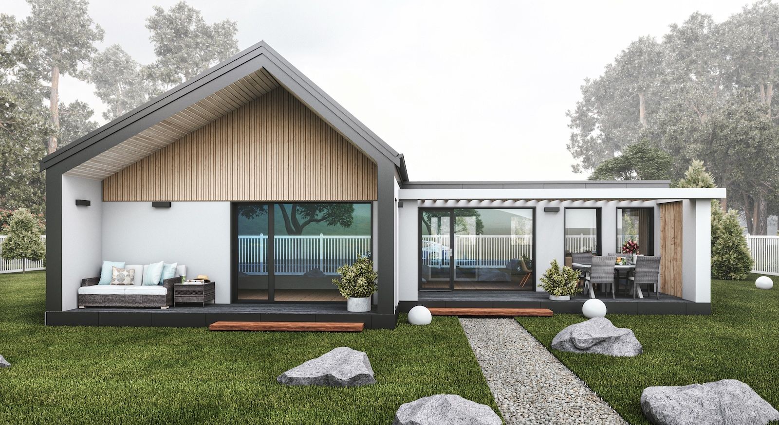 Modern single-story house with glass doors, patio area, and manicured lawn surrounded by trees.