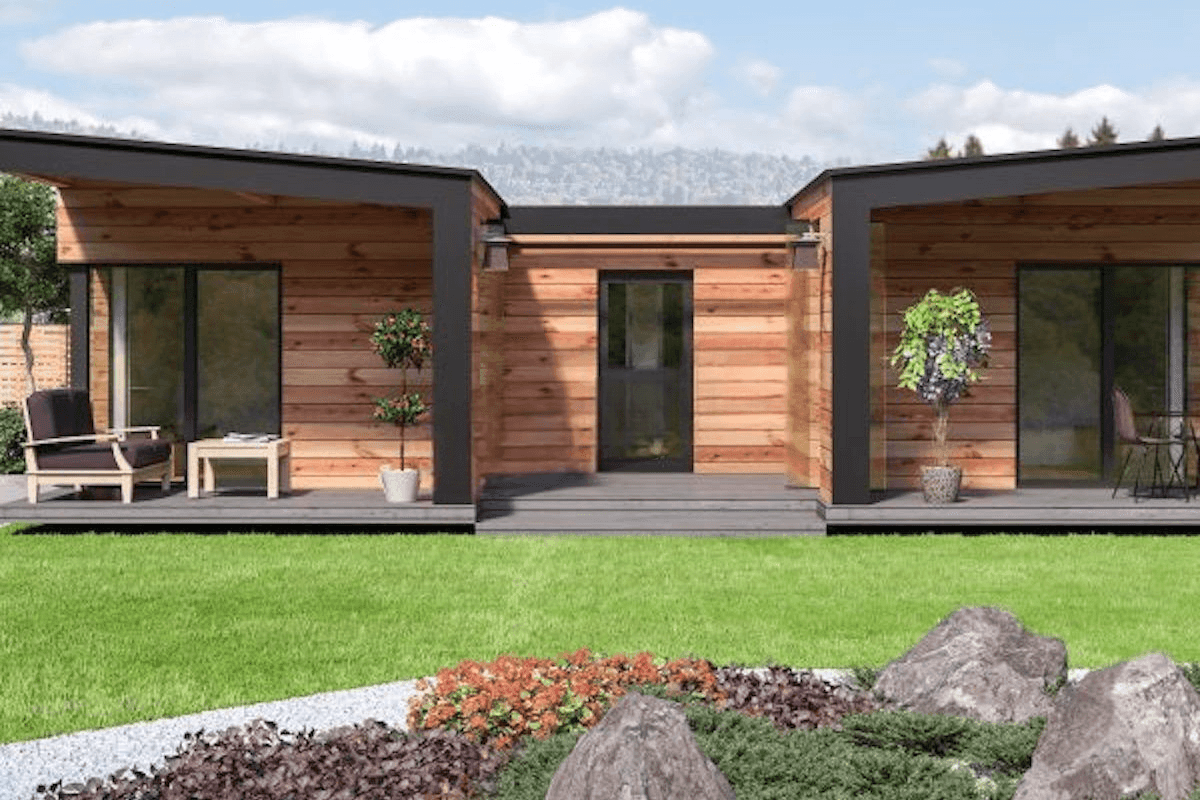 Modern wooden house with large windows, patio furniture, and landscaped garden in the foreground.